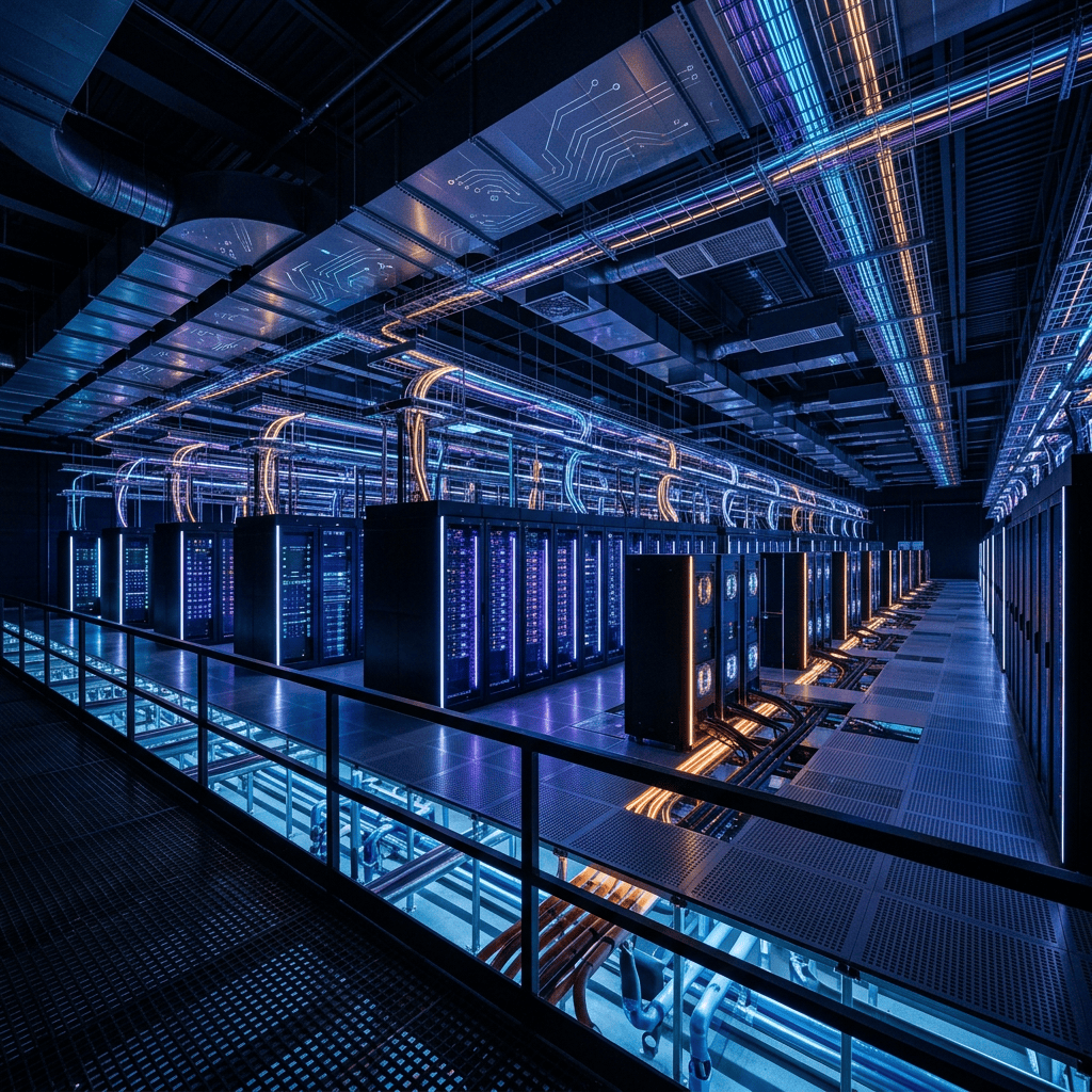 Rows of server racks with colorful cables in a data center